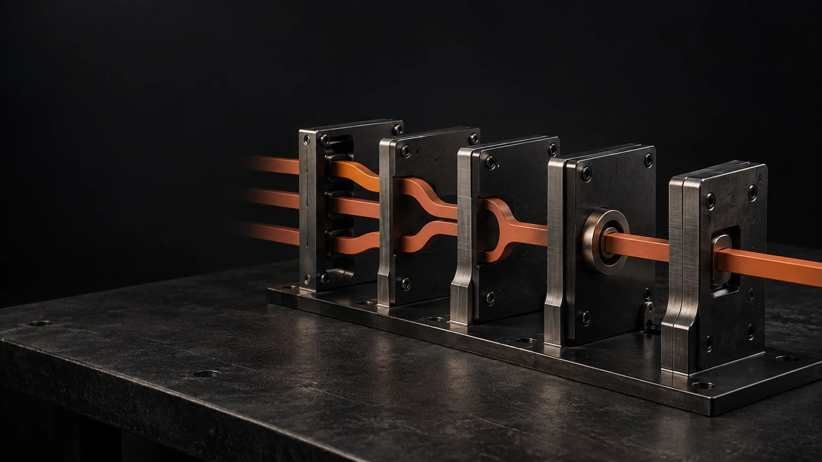 A sculptural system of graphite steel modules connected by a single terracotta rail